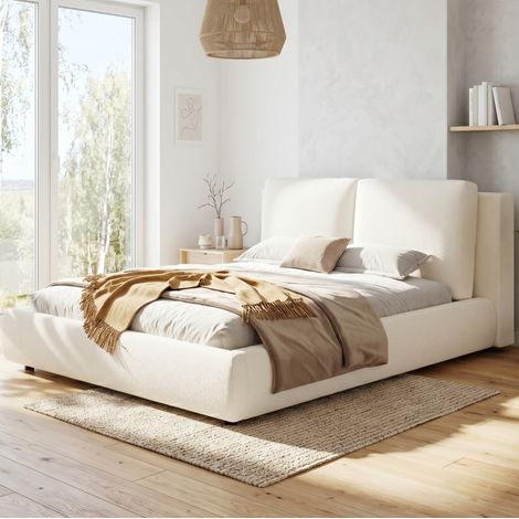 Bett 160x200 cm, gepolstert in Beige Bouclé, mit Lattenrost, hydraulischem Bettkasten und dickem Kopfteil (1/5)