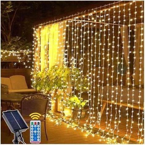 Rideau Lumineux Solaire Extérieur, 3m x 3m 300LED Lumineuse Solaire avec Télécommande, 8 Modes Cascade Solaire d'extérieur étanche pour Jardin, Balcon, Tonnelle, Déco de Fête(Blanc Chaud) (1/5)