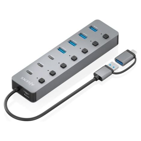 Hub USB Tipo-C + USB 3.1 Aisens ASUC-8P043-GR/ 4xUSB/ 3xUSB Tipo-C/ 1xUSB Tipo-C PD/ Gris