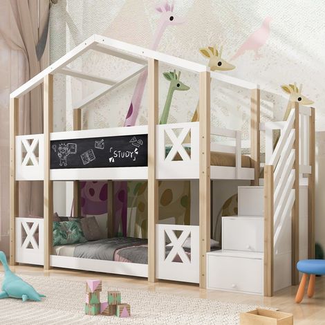 Lit cabane superposé enfant 90x200 cm – marches de rangement, protection anti-chute, double sommier, blancnaturel (1/5)