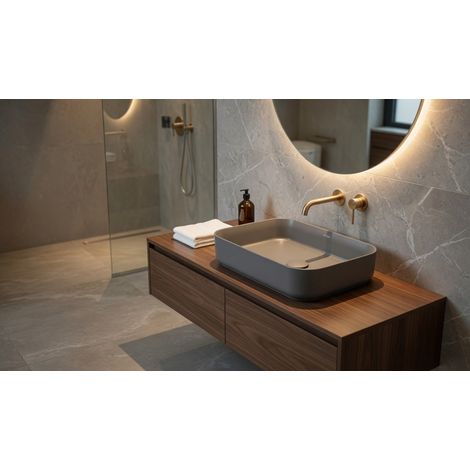 Lavabo rettangolare da appoggio senza troppo pieno in ceramica senza foro rubinetto - Grigio Pietra Opaco