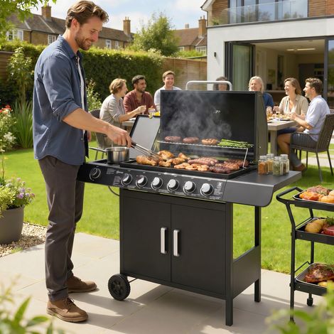 Barbecue à gaz avec couvercle, 7 brûleurs de 20 kW, brûleur latéral et 2 roues, 135 x 50 x 100 cm, noir (1/5)