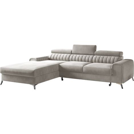 Canapé d’angle convertible GRENKY en velours avec coffre et têtières réglables – 278cm angle gauche-Taupe-angle gauche (1/5)