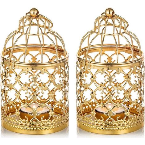 Lot de 2 petites lanternes à suspendre en métal pour bougies chauffe-plat, lanterne à bougie dorée, décoration vintage (1/4)