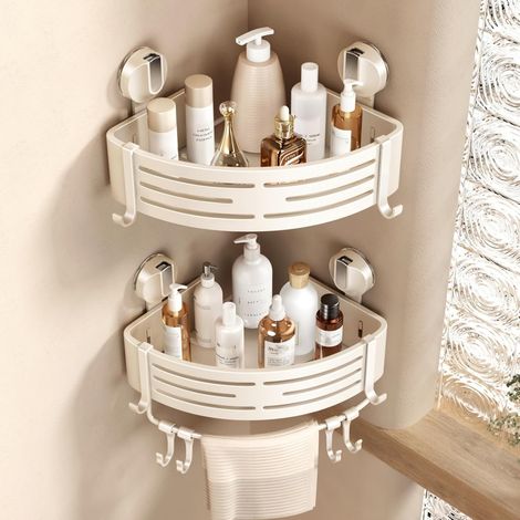 Coin Douche Caddy Ventouse Étagère de douche Coin sans perçage Salle de bain Organisateur de douche Support (paquet de 2,ivoire) (1/5)