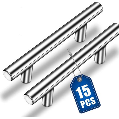 15 Maniglie per mobili, Maniglie per cucina, Argento, Maniglie cave spazzolate per armadietti, Maniglie per porte in acciaio inossidabile, Viti, Interasse fori 128 mm (200 mm). (1/5)