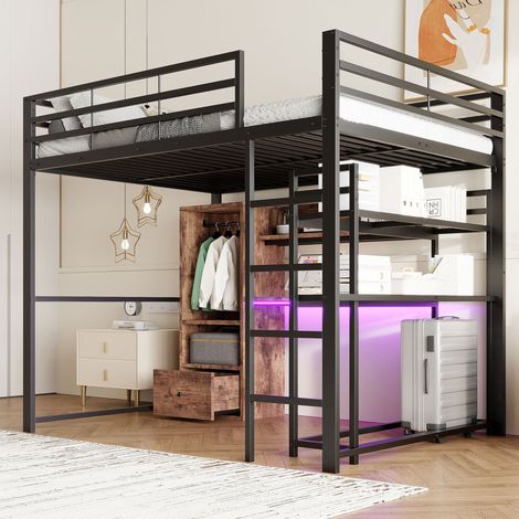 MEUBLIV Lit mezzanine 140x200 cm noir – avec bureau, LED et rangement, sans matelas (1/5)