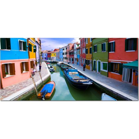 Lupia - Quadro moderno su Tela Canvas DEEP 65X143 cm, con paesaggi e localismi italiani, per casa, soggiorno, capezzale camera da letto, hotel, ufficio, VENEZIA - CANALE CASE COLORATE (1/4)