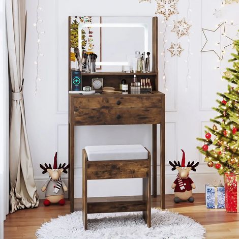 Éclairage réglable et rangement compact pour coiffeuse avec miroir, prises intégrées et tabouret (1/4)
