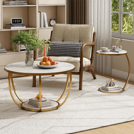 Runde Satztische 2er Set Akaber, Marmoroberfläche, Metallbeine, 80x45x44cm+40x55x33cm, für Wohnzimmer, Balkon & Büro, Weiß (1/5)