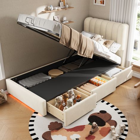 Lit coffre enfant avec mécanisme hydraulique à vérin à gaz, coffre de lit avec grand espace de rangement, 3 tiroirs, bande lumineuse LED, revêtement en velours doux, lit capitonné beige, lit junior ga (1/4)