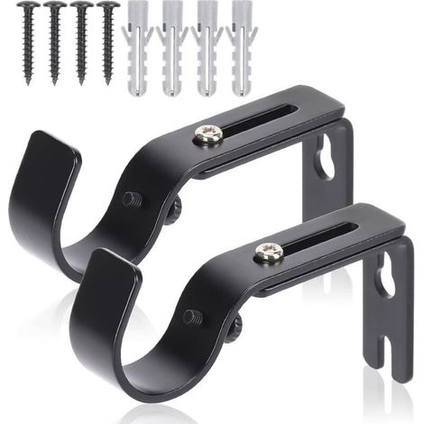 Supports de tringle à rideaux haut de gamme pour fixation murale - Crochets réglables, supports en fer pour tringle de 2,5 cm de diamètre - Noir (2 pièces) (1/5)