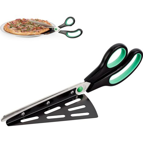 Relaxdays Pizza Scissors with Lifter, Stainless Steel Kitchen Shears, Dishwasher-Safe Pizza Cutter, Black-Green (1/5)