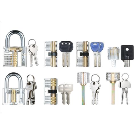 Lot de 8 cadenas d'entraînement transparents visibles en acier inoxydable et acrylique avec clés, outils crochetage serrure tubulaire pour débutants professionnels enfants (1/2)