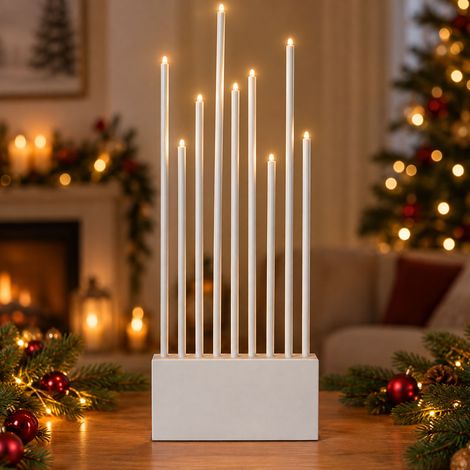 Bougeoir LED de Noël, lampe de salon à 9 flammes, blanc, bois, H 60 cm (1/5)