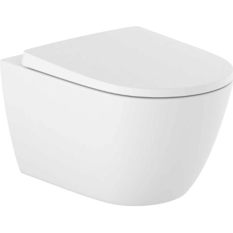 Cuvette WC suspendu sans bride ROCA Ona blanc mat avec abattant frein de chute