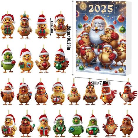 Calendrier de l'Avent 2025, boîte surprise, poule, décoration à suspendre en acrylique plat, ornement pour sapin de Noël (1/4)