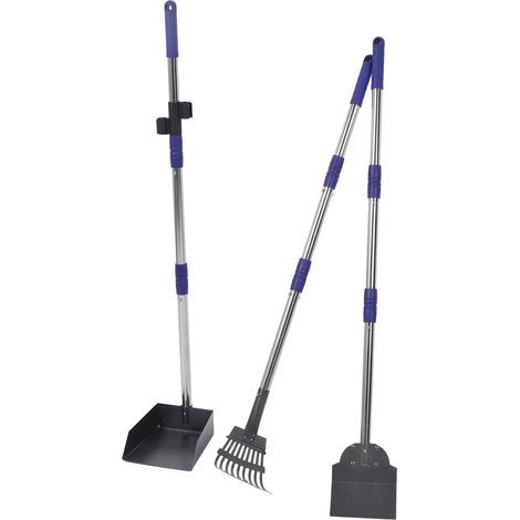 Ramasse-crottes pour chien, pelle à long manche réglable, râteau et plateau, ensemble portable pour ramasser les déjections animales, facile d'entretien, bleu (1/5)