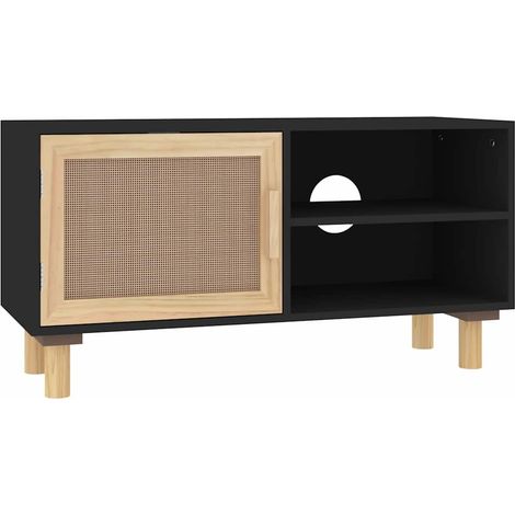 Meuble TV, Étagère TV, Meuble de Salon, Noir 80x30x40 cm Bois de pin massif et rotin naturel OIB7117E (1/5)