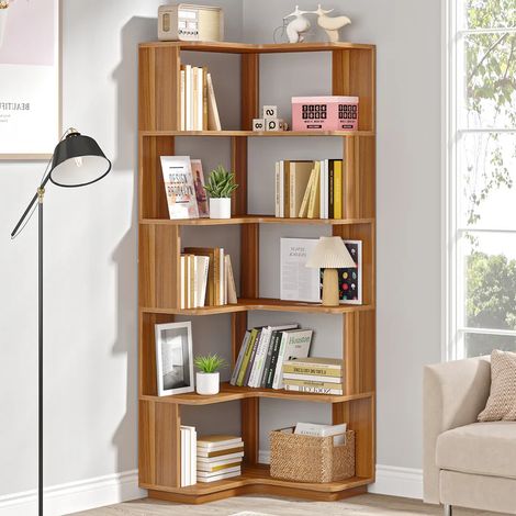 Bibliothèque d'angle 6 niveaux – étagère industrielle 165 x 60 x 60 cm – grain de bois – charge max 27kg par étagère (1/5)