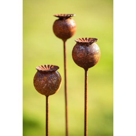 Piquets de jardin Echinacea en métal Noble Rust, lot de 3. Décoration pour parterre, pot de fleurs ou plante. Finition rouille naturelle (forme de capsule de pavot).