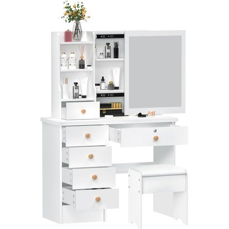 FLASIDU - Coiffeuse avec tabouret - miroir coulissant - 6 tiroirs et 5 étagères - dimensions : 80 × 36 × 122 cm, blanche
