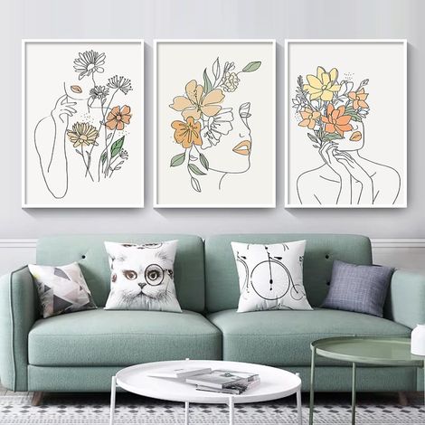 Póster nórdico de dibujo lineal simple, arte mural de mujer, pintura abstracta de flores sobre lienzo, imagen botánica de hoja, decoración moderna para el hogar, 40x60cmx3, sin marco (1/4)