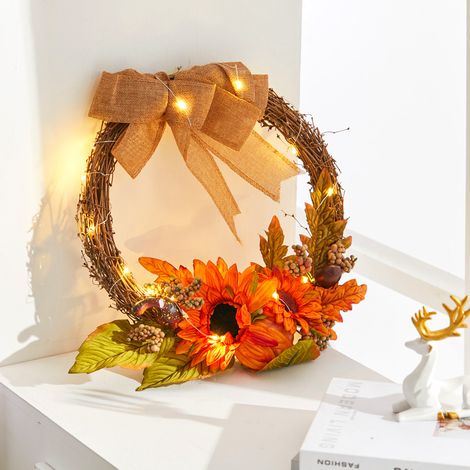 35CM Halloween Christmas Artificial Sunflower Autumn Wreath with LED Light (1/5)