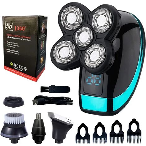 Rasoir électrique pour homme (5 en 1, vert), tondeuse à cheveux pour crâne rasé, tondeuse à poils de nez, lame flottante 5D (1/5)