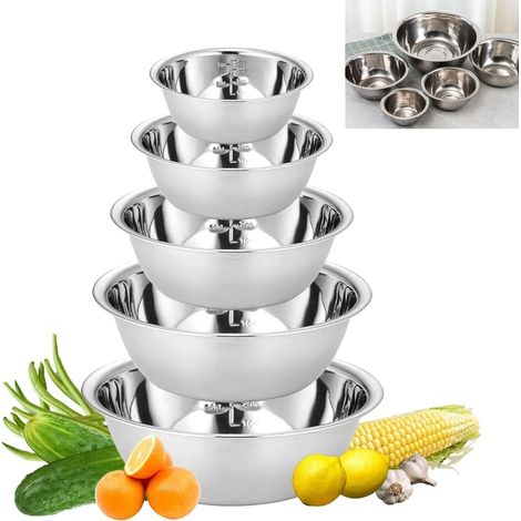 Ensemble de 5 bols en acier inoxydable,saladier à fond plat, saladier avec graduation,de service pour la cuisine,empilable, les salades, la pâtisserie, 14/16/20/22/24 cm (1/5)
