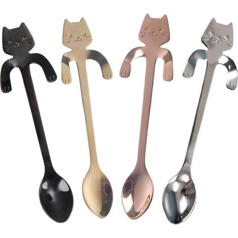 Lot de 4 cuillères à café miniatures en forme de chat (argent, or, or rose, noir) - Cuillères à dessert créatives en acier inoxydable - Cuillères à suspendre - Cuillères à café - Légères et portables (1/4)