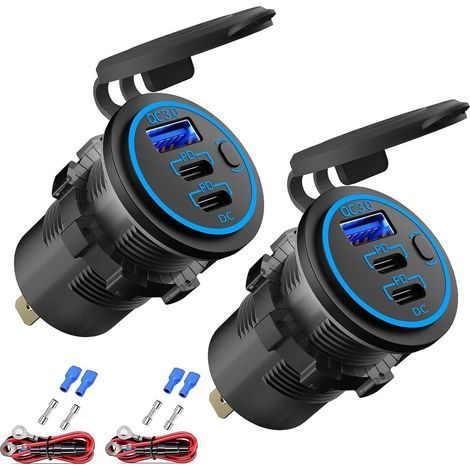 2er-Pack 12V USB-Buchsen, 3-Port-Ladegerät, PD3.0 USB-C, Quick Charge 3.0, LED-Schalter, für Auto und Boot (1/5)