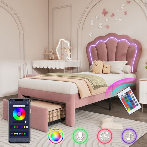 Letti singolo 90x200cm, letti imbottito adulto/bambino, LED, testiera regolabile, letti con cassetto, velluto, senza materasso, rosa