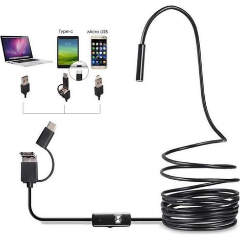 Endoscope 3-en-1 USB/Micro USB/Type C, caméra d'inspection 1200P, endoscope HD 2 mégapixels, étanche, câble semi-rigide, caméra serpent pour téléphone Android/Windows/MacBook OS (5 m) (1/5)