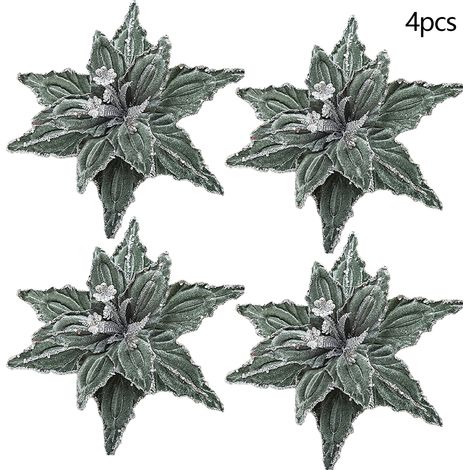 4 künstliche Samtblumen, 26 cm, glitzernde Baumschmuckstücke für Festivals, Partys, Hochzeiten, Grün (1/3)