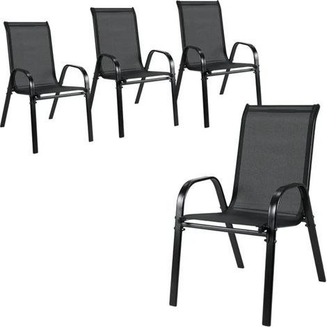 Tlgreen – Lot de 4 chaises de jardin empilables – Acier textilène noir – Dossier haut – Charge max 150 kg – Hauteur d'assise 40 cm