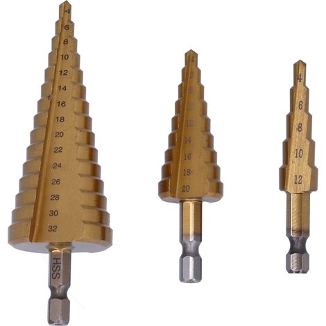 Lot de 3 forets étagés pagode en acier rapide 412/420/432mm, queue hexagonale, cannelure droite (1/5)