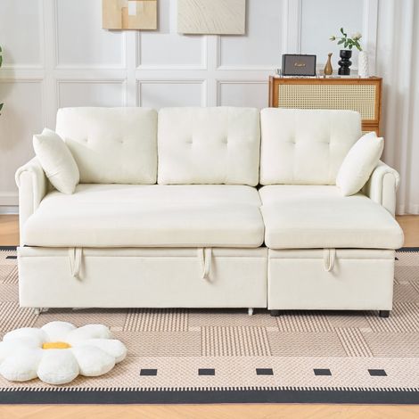 Sofá esquinero convertible de chenilla con arcón, chaise longue reversible, beige DESVIAE (1/5)