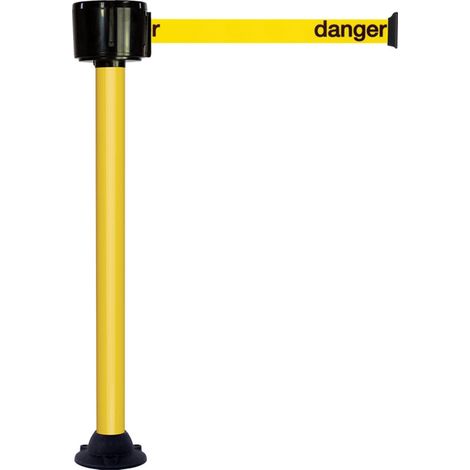 Poteau alu jaune à sangle grande longueur jaune + danger 12m x 50mm sur socle fixe - 2810302