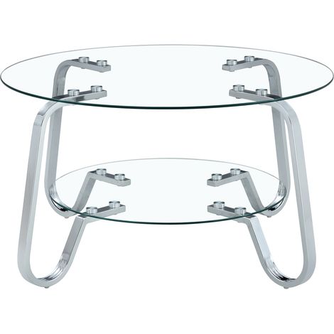 Mesa de centro redonda de vidrio templado y metal plateado, diseño de dos niveles (1/5)