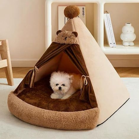 Niche pour Chat, Beige/marron, M (50 × 50 cm), Panier pour Chien Tente, Panier pour Chat Doux en Peluche, Tente Pliable pour Animaux de Compagnie (1/5)