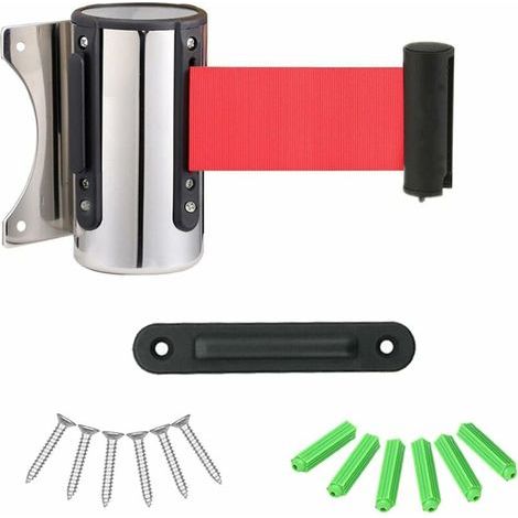 Barrera extensible de acero inoxidable para filas, tira de delimitación extensible, cinta de barrera de seguridad montada en la pared, sistema de control de flujo de personas, color rojo. (1/5)