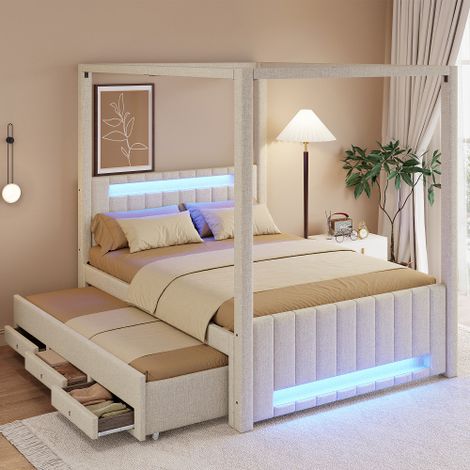 Lit adulte 140x200 cm - avec lit gigogne, LED et 3 tiroirs - en lin - beige - sans matelas (1/5)