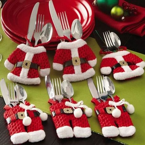 Lot de 6 couverts décor table Noël – Poche père Noël – Pour fête, repas festif (1/4)