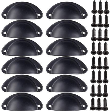 (12 Stück) Türknauf mit schwarzem Griff, Retro-Dekoration für Möbel, Schublade, Vintage-Muschelgriff für Schublade, Schrank, Küchenmöbel, gebogener Eisen-Retro-Schranktürknauf für Kleiderschrank