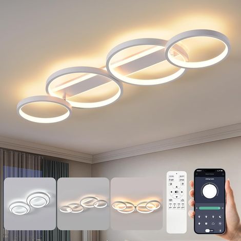 LED Plafonnier deco avec Telecommande APP,Dimmable Chambre Eclairage,Blanc  Moderne Lampe de plafond 48W 3000K-6500K,4 anneaux ronde design,Luminaire interieur,Lampe Lustre pour bureau cuisine couloir (1/5)