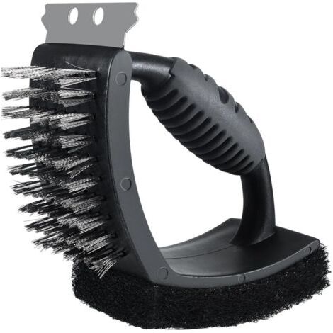 Brosse de nettoyage pour barbecue 3 en 1, grattoir en acier, tampon à récurer, brosse en fil de cuivre, kit de nettoyage robuste pour gril avec poignée isolante (noir) (1/4)