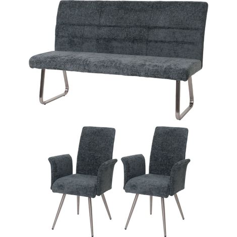 [NON UTILIZZATO] Set sala da pranzo HHG-219, 2 sedie con braccioli + panca 160cm, acciaio inox stoffa/tessuto ciniglia, blu-verde