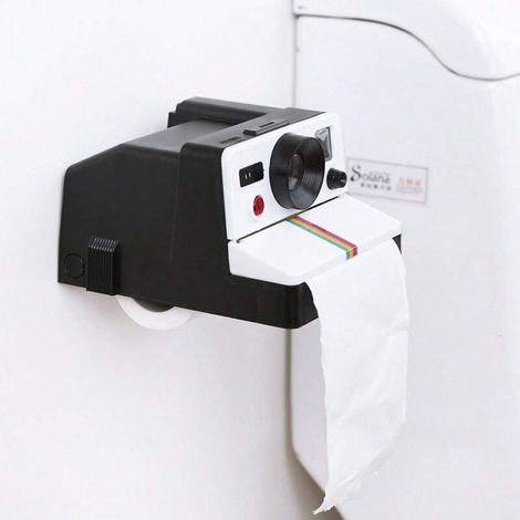 Porte-papier toilette rétro en forme d'appareil photo noir et blanc, idéal pour la décoration de la salle de bain et du salon. (1/3)