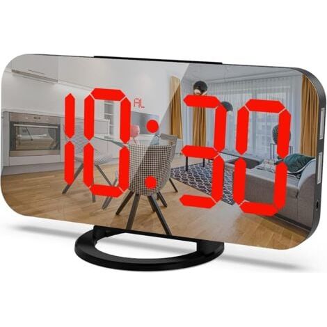 Réveil numérique, écran 6,5" avec mode de gradation, luminosité réglable, 2 ports de charge USB, (texte vert sur fond noir) (1/5)